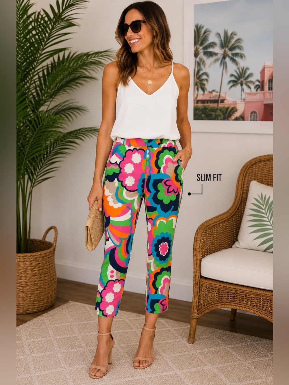 Trina Turk Moss 2 Cropped Pants Size 4 Multicolor Floral Print Slim Fitting